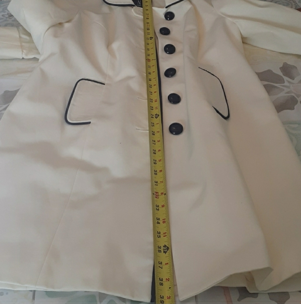 INC International Concepts Ivory Trench Coat Black Piping Button Front Medium - Picture 9 of 10